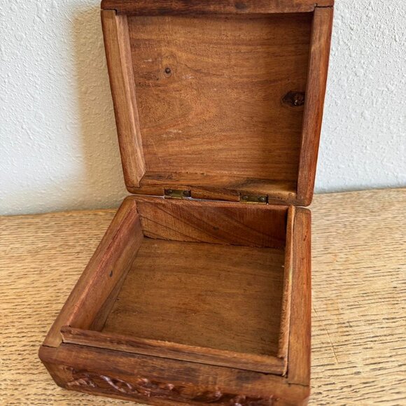 Hand Carved Floral Wooden Trinket Box, Bone Flower Inlay - Picture 5 of 8